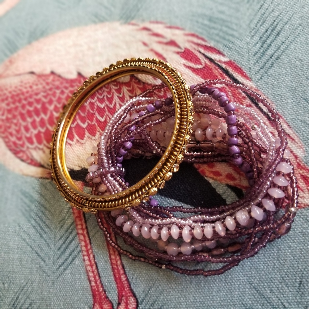 Set Multistrand Pink Glass & Brass Blingy Bangle